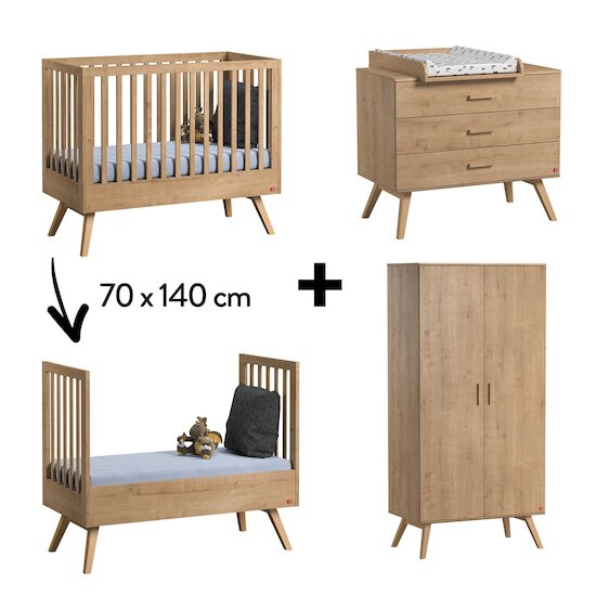 Chambre Nautis Complète : Lit évolutif 70 x 140 cm + Armoire + Commode + Plan à langer Nature  de Vox