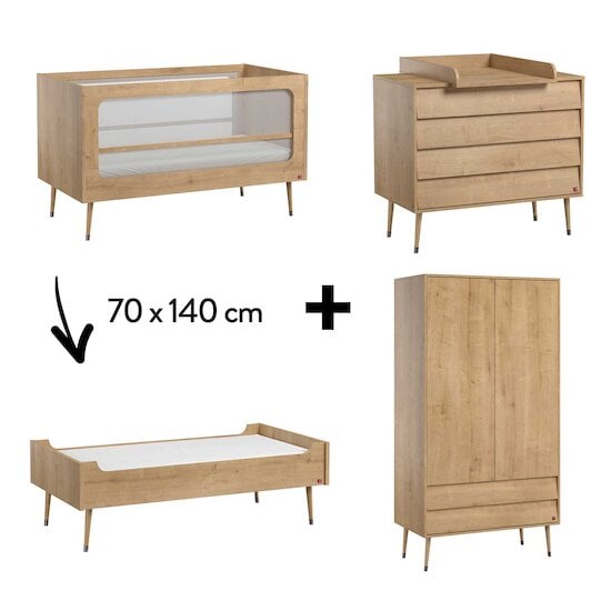 Chambre Bosque New Complète : Lit évolutif 70 x 140 cm + Armoire + Commode + Plan à langer Nature  de Vox