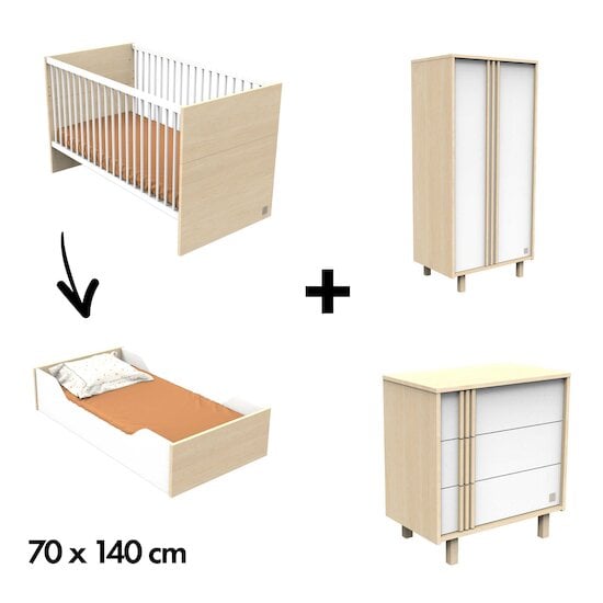 Chambre Nature : Lit évolutif 70x140 + Commode + Armoire   de Sauthon Baby's Sweet Home