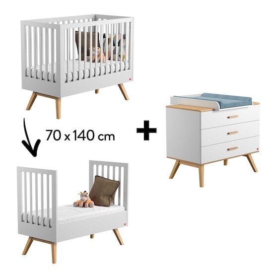 Chambre Nautis Trio : Lit évolutif 70 x 140 cm + Commode + Plan à langer Blanc  de Vox