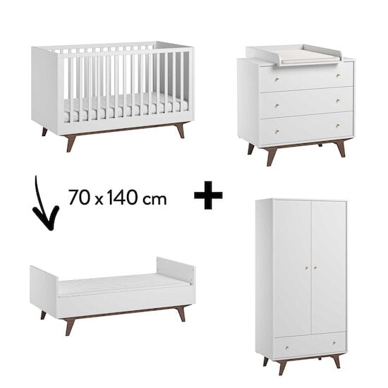 Chambre Milenne Complète : Lit évolutif 70 x 140 cm + Armoire + Commode + Plan à langer Blanc  de Vox