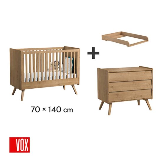 Chambre Vintage Trio : Lit évolutif 70 x 140 cm + Commode + Plan à langer Nature  de Vox