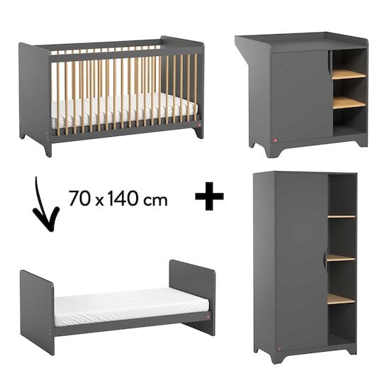 Chambre Leaf Complète : Lit évolutif 70 x 140 cm + Armoire + Commode + Plan à langer Graphite  de Vox