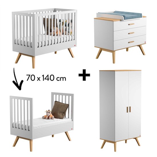 Chambre Nautis Complète : Lit évolutif 70 x 140 cm + Armoire + Commode + Plan à langer Blanc  de Vox