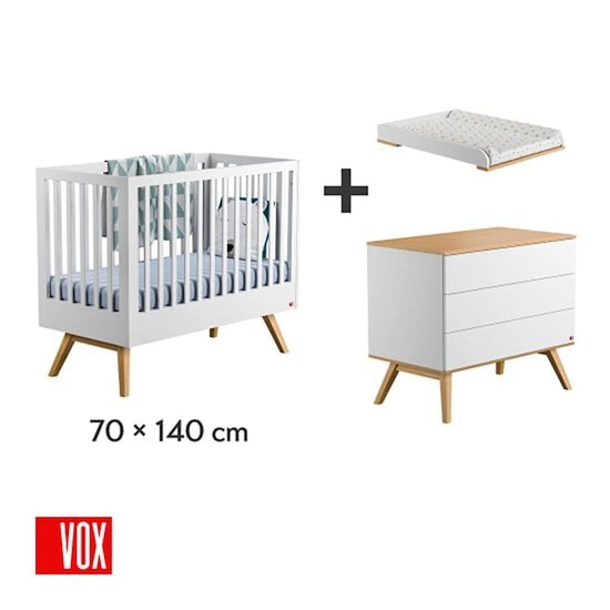 Chambre Nature Trio : Lit évolutif 70 x 140 cm +  Commode + Plan à langer Blanc  de Vox