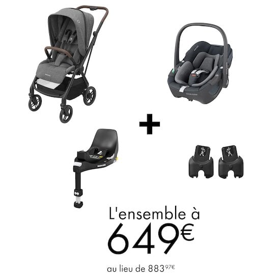 Offre Maxi-Cosi : Poussette Leona 2 + siège auto Pebble + base pivotante FamiliyFix + adaptateurs à 649€ au lieu de 883,97€   de Maxi-Cosi