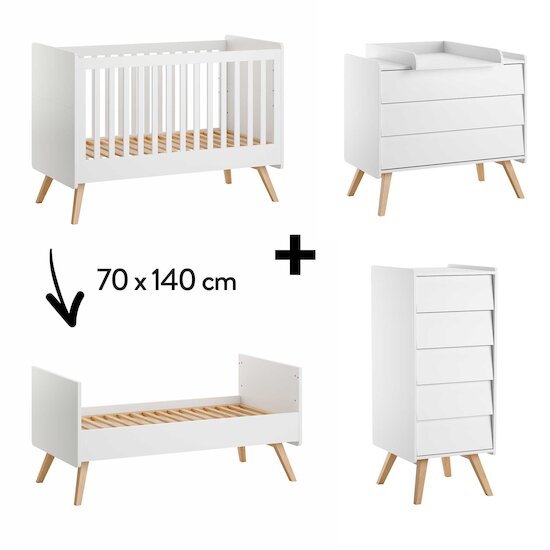 Chambre Vintage : Lit évolutif 70 x 140 cm + Chiffonnier + Commode + Plan à langer Blanc  de Vox