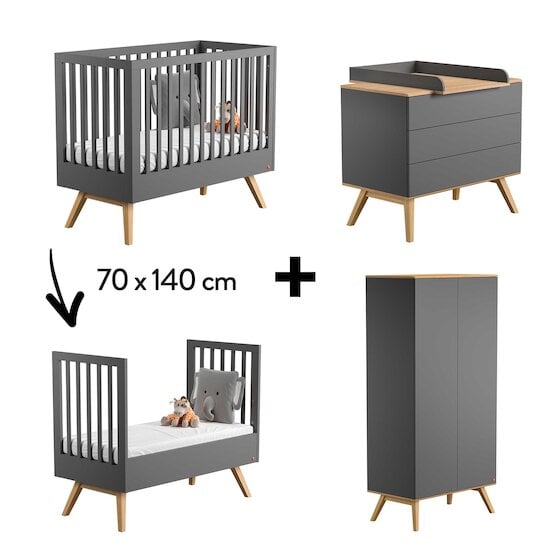 Chambre Nature Complète : Lit évolutif 70 x 140 cm + Armoire + Commode + Plan à langer Gris  de Vox