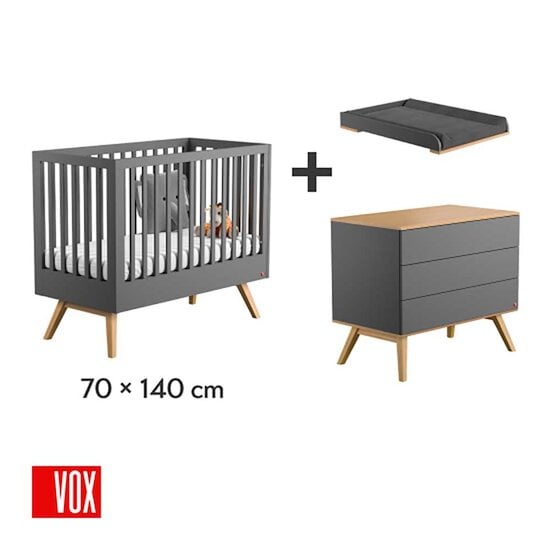 Chambre Nature Trio : Lit évolutif 70 x 140 cm +  Commode + Plan à langer Gris  de Vox