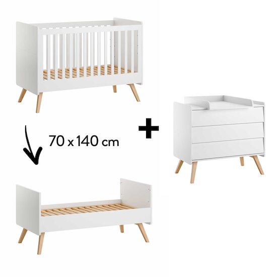 Chambre Vintage Trio : Lit évolutif 70 x 140 cm + Commode + Plan à langer Blanc  de Vox