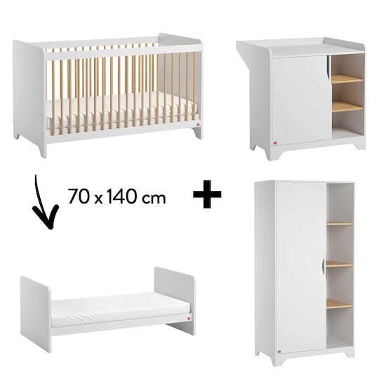 Chambre Leaf Complète : Lit évolutif 70 x 140 cm + Armoire + Commode + Plan à langer Blanc  de Vox