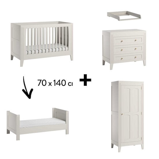 Chambre Milenne Complète : Lit évolutif 70 x 140 cm + Armoire + Commode + Plan à langer Blanc  de Vox