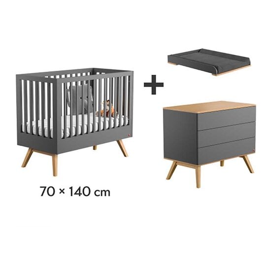 Chambre Nature Trio : Lit évolutif 70 x 140 cm +  Commode + Plan à langer Gris  de Vox