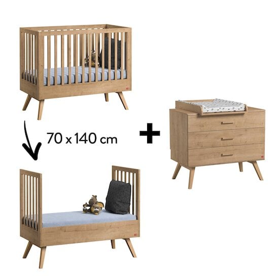 Chambre Nautis Trio : Lit évolutif 70 x 140 cm + Commode + Plan à langer Nature  de Vox