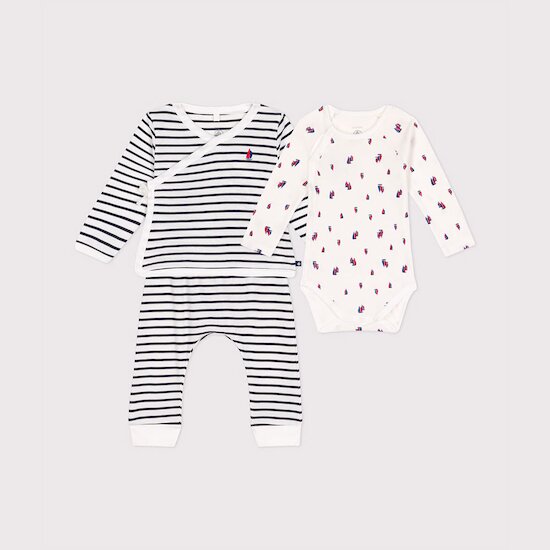 Ensemble 3 pièces en coton Blanc Marshmallow / Bleu Smoking  de Petit Bateau