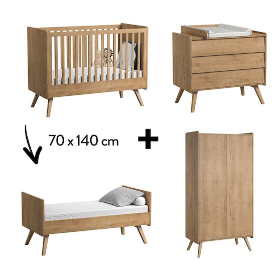 Chambre Vintage Complète : Lit évolutif 70 x 140 cm + Armoire + Commode + Plan à langer Nature  de Vox