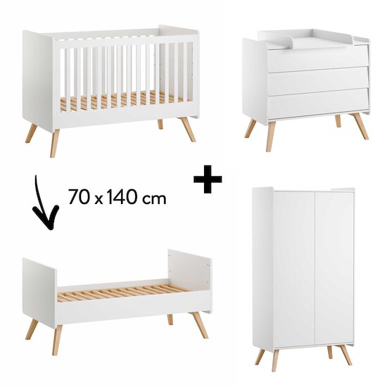 Chambre Vintage Complète : Lit évolutif 70 x 140 cm + Armoire + Commode + Plan à langer Blanc  de Vox