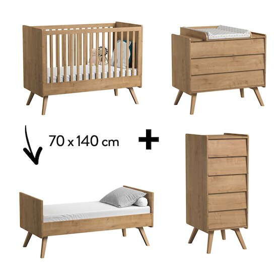 Chambre Vintage : Lit évolutif 70 x 140 cm + Chiffonnier + Commode + Plan à langer Nature  de Vox