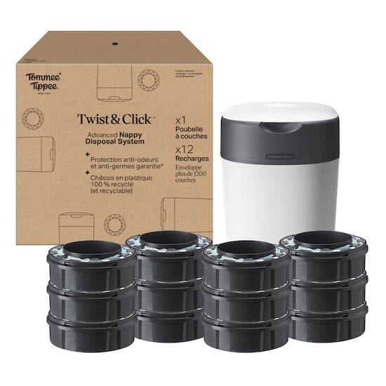 Poubelle à Couches Avancée Twist & Click Starter-pack, Lot de 4 Recharges  Blanc  de Tommee Tippee