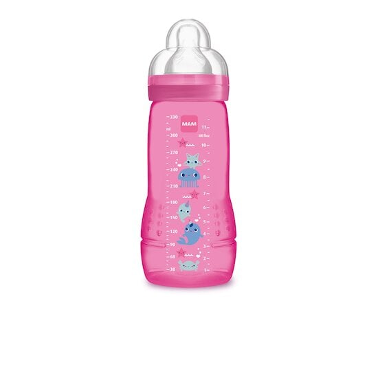 Biberon 2ème âge coloré tétine débit X Rose 330 ml de Mam