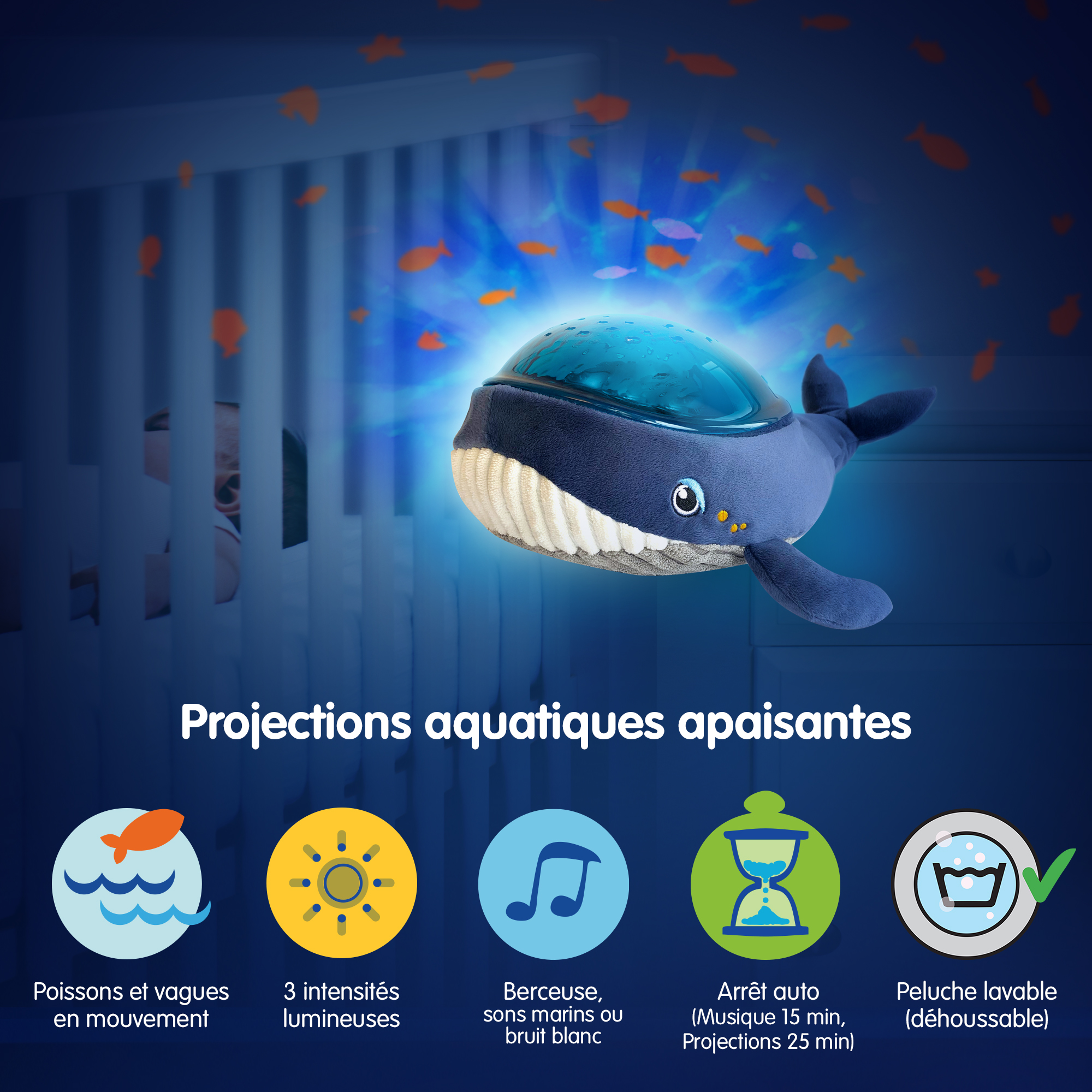 Veilleuse bébé projection plafond musicale Famille baleine
