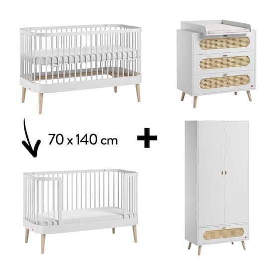 Chambre Canne Complète : Lit évolutif 70 x 140 cm + Armoire + Commode + Plan à langer Blanc  de Vox