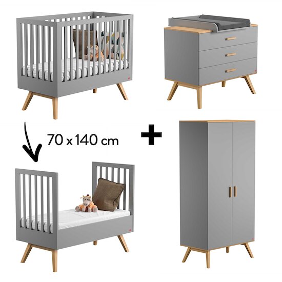 Chambre Nautis Complète : Lit évolutif 70 x 140 cm + Armoire + Commode + Plan à langer Gris  de Vox