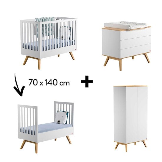 Chambre Nature Complète : Lit évolutif 70 x 140 cm + Armoire + Commode + Plan à langer Blanc  de Vox