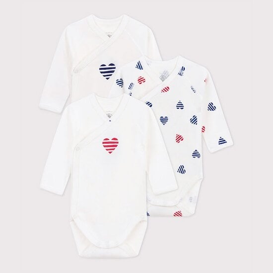 Lot de 3 bodies croisés manches longues en coton Cœurs rayé  de Petit Bateau