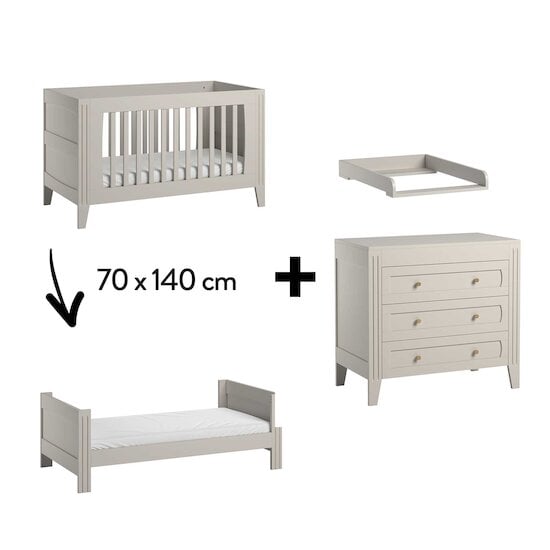 Chambre Milenne Trio : Lit évolutif 70 x 140 cm + Commode + Plan à langer Sable  de Vox