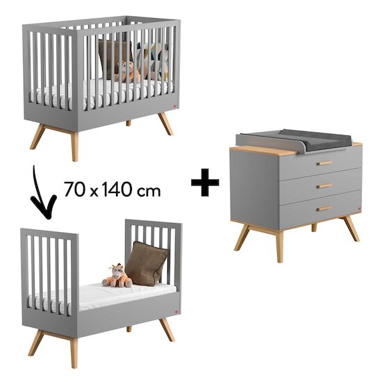 Chambre Nautis Trio : Lit évolutif 70 x 140 cm + Commode + Plan à langer Gris  de Vox