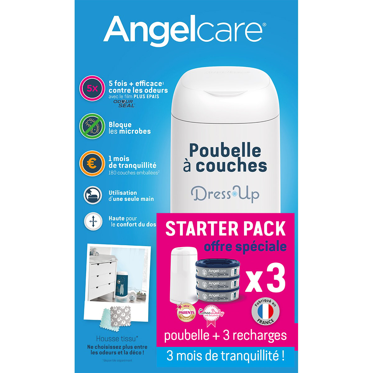 Starter Pack Poubelle à couches Dress Up + 3 recharges Blanc de Angelcare,  Angelcare : Aubert